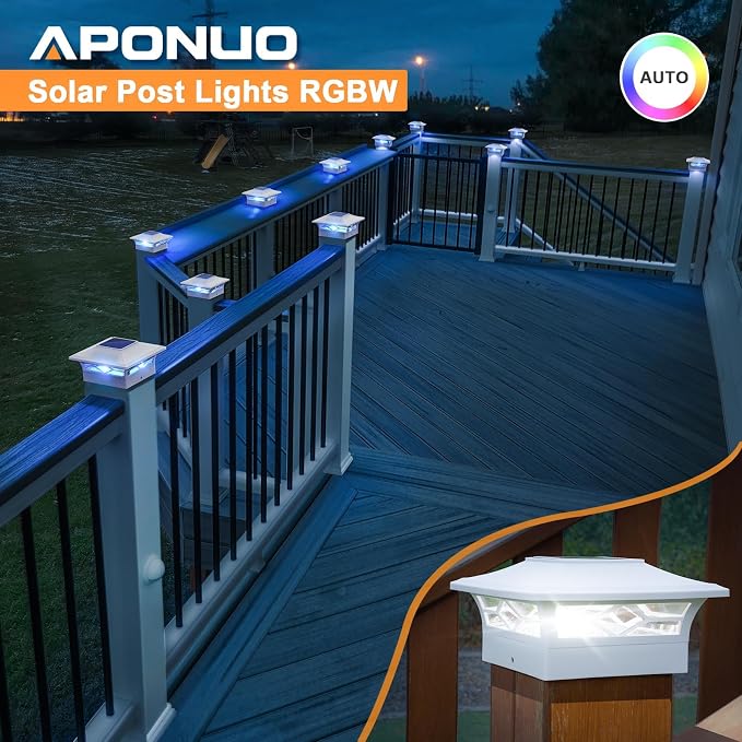 APONUO Solar Post Cap Lights with 8 RGB Colors and Multicolor Flow, Ultra-Bright Clear Lens, IP65 Waterproof for 4x4 5x5 6x6 Wood & Vinyl Fence Posts, 6 Pack White
