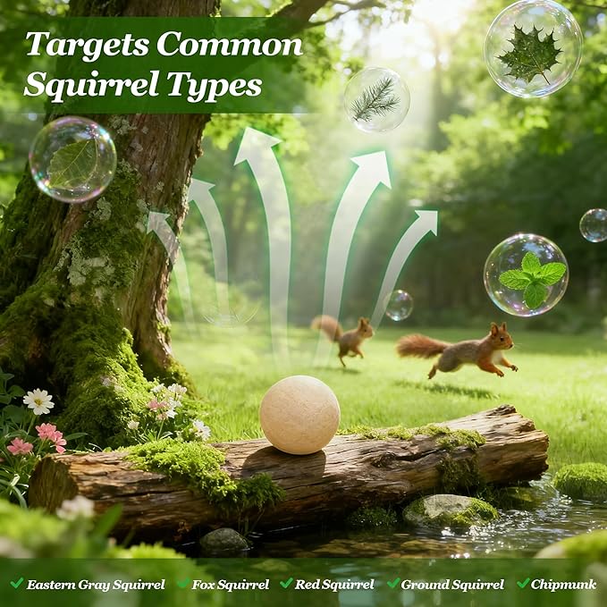12 Pack Squirrel Repellent Balls- Chipmunks & Rodents Repellent for Outdoor & Indoor Use,Cars,Gardens, Bird Feeders & Attics-Safe for People,Plant-Based