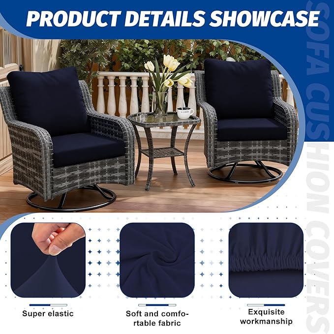 Patio Stretch Cushion Covers, Outdoor Sofa slipcovers for Patio Furniture Cushion Covers, Washable Reusable Furniture Protector (4, Navy)