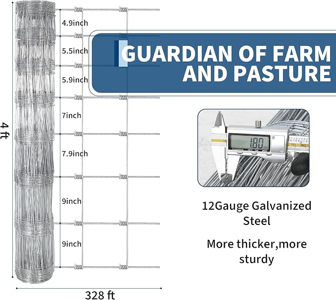  Farm Fence, 4Ft x 328Ft Galvanized Wire Fencing, Goat Cattle Deer Livestock Fence, Heavy Zinc Goat Fences for Goat Deer Yard Livestock Protection