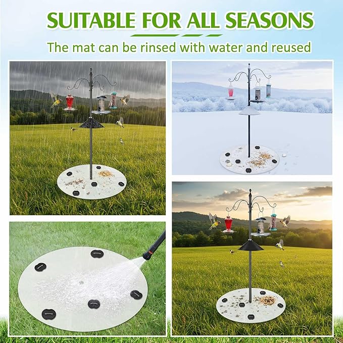 Tinideya 4 Pcs PVC Shepherd's Hook Bird Droppings Mat 47.24" Round Bird Feeder Mat with 8 Ground Spikes Intercepts Birds Droppings Spilled Feed for Protect Lawns Garden