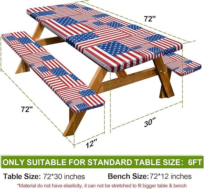 Play Tailor Picnic Table Cover with Bench Covers Camping Essentials Waterproof Windproof Camping Tablecloth with Drawstring Bag, Fitted Rectangle Tables and Seats, 72in, Red Blue White