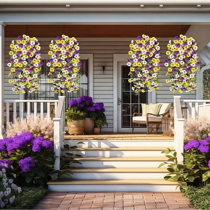 Giegxin 12 Pcs Artificial Hanging Pansy Flowers, 30 Inch Faux Pansies UV Resistant Plastic Hanging Plants for Outdoor Spring Summer Decor, for Porch Patio Garden Window Home (Yellow,White,Purple)