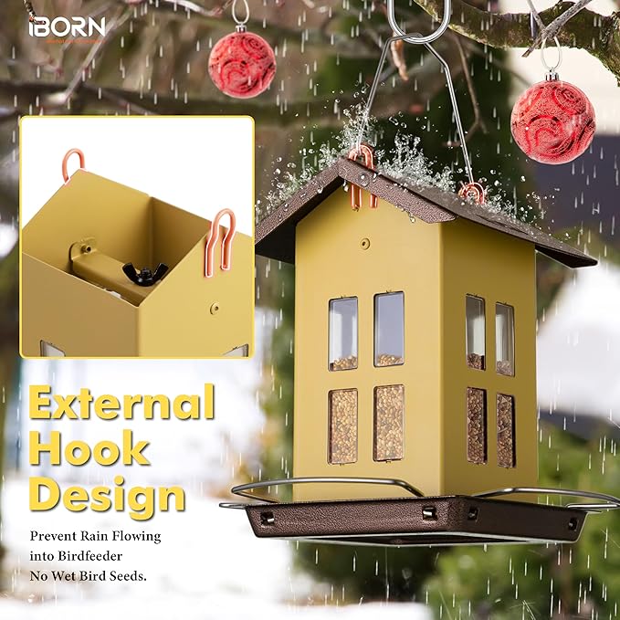 iBorn Bird Feeder House, Metal Bird Feeders for Outdoors Hanging,Double-Sided Metal Hanger & Weatherproof, Easy to Clean & Refill, 1.5 Lbs Capacity, Muted Yellow