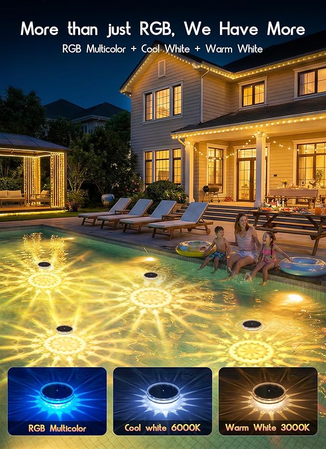 Floating Solar Pool Lights 4 Pack, RGBWW 12 Lighting Modes, 3 Dimming & Timing IP68 Waterproof with Remote Control, Solar Floating Pool Lights for Above Ground Pools Inground Pools Accessories Bathtub