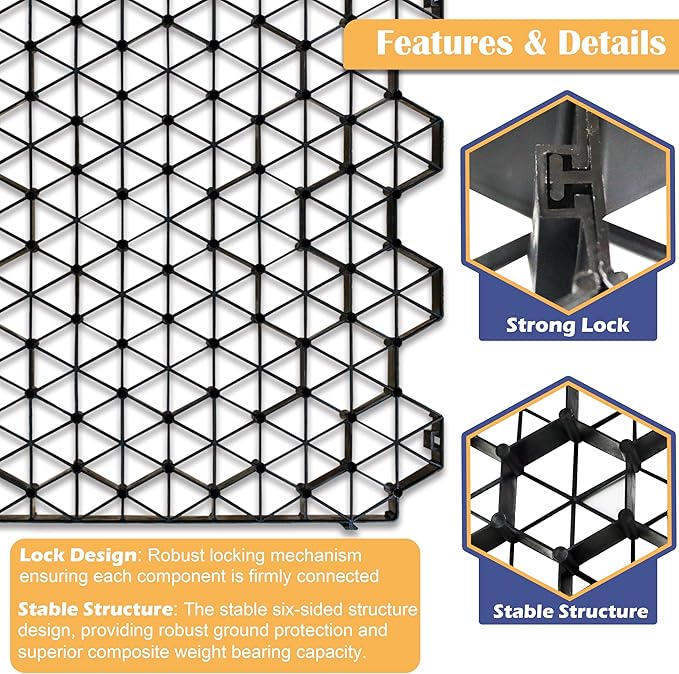 12 Units Permeable Pavers Gravel, Grass& Gravel Driveway System, Interlocked Pavers Gravel Grid Black PE Shed Base 1.6" Depth, 32 Sq Ft (12)