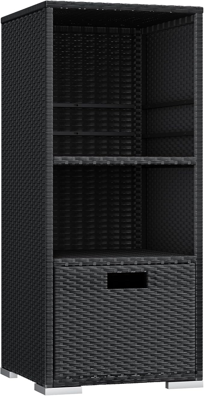 Devoko Outdoor Pool Towel Rack Patio Waterproof Rattan Wicker Storage Cabinet Shed with Shelves & Drawer (Black)