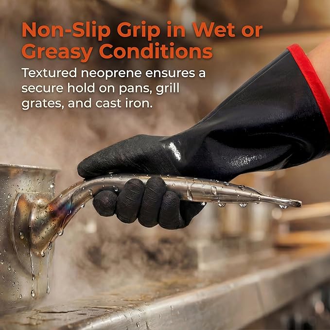 BBQ Gloves: Neoprene Heat Resistant Waterproof Grilling Gloves, 932°F Temperature Protection with Cotton Lining for Smoker, Cooking, Outdoor Barbecue and More (Size 9/L-18INCH-932℉)