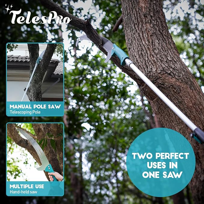 TelesPro Extendable Tree Trimmer: Manual Pole Saw | 5-12ft Telescoping Pruning Pole for Tree Trimming | Saw Attachment, Safety Goggles, and Gloves Included | Trim Branches up to 2" Diameter
