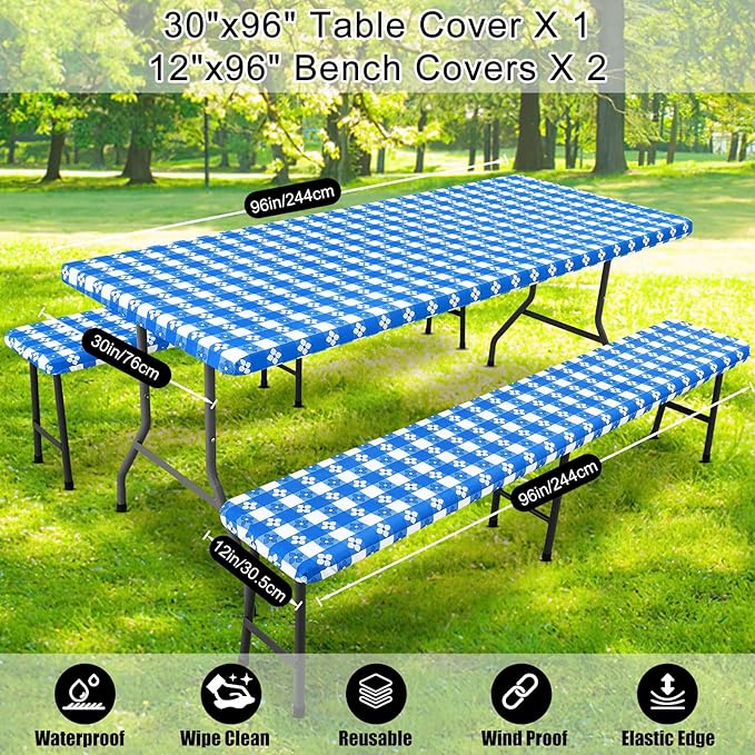 Smiry Picnic Table Cover with Bench Covers, Waterproof Elastic Fitted Tablecloth for 8 Foot Tables, Washable Polyester Tablecloths for Camping, Indoor & Outdoor (Blue & White, 30x96 Inch 3-pc Set)