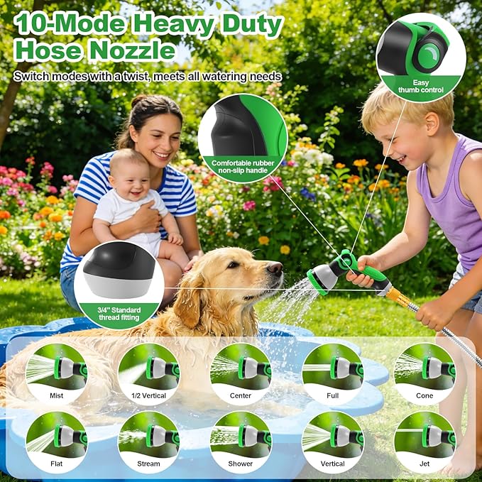 Toolasin Garden Hose 50ft, Flexible Stainless Steel Metal Water Hose with 10-Function Nozzle, No-Kink, Leak-Proof, Wear-Resistant, 3/4 GHT, Easy to Use and Store for Garden, Yard, Outdoor