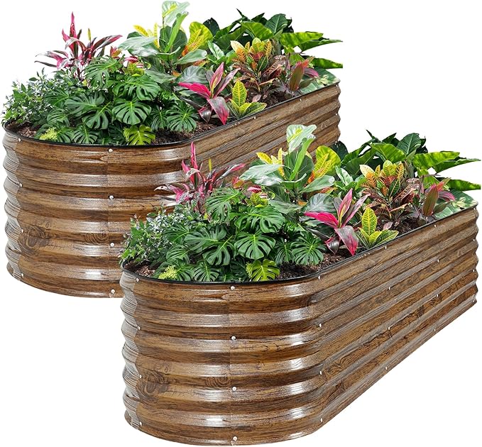 ZORMY Galvanized Raised Garden Bed Outdoor- 2PCS 8x2x1.4ft Oval Steel Raised Beds for Gardening, Metal Planter Box with Protective Strip and Gloves for Vegetables, Flowers, Fruits (Brown)