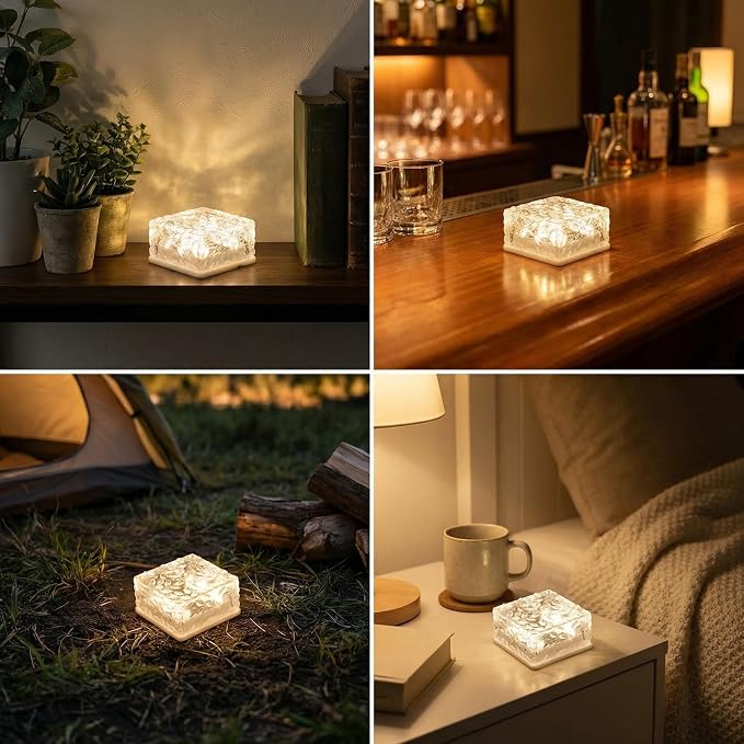 Solar Powered LED Acrylic Brick Lights, Multicolor Water Ripple Design, Waterproof In-Ground Landscape Path Lights for Outdoor Garden Patio Walkway (Warm)