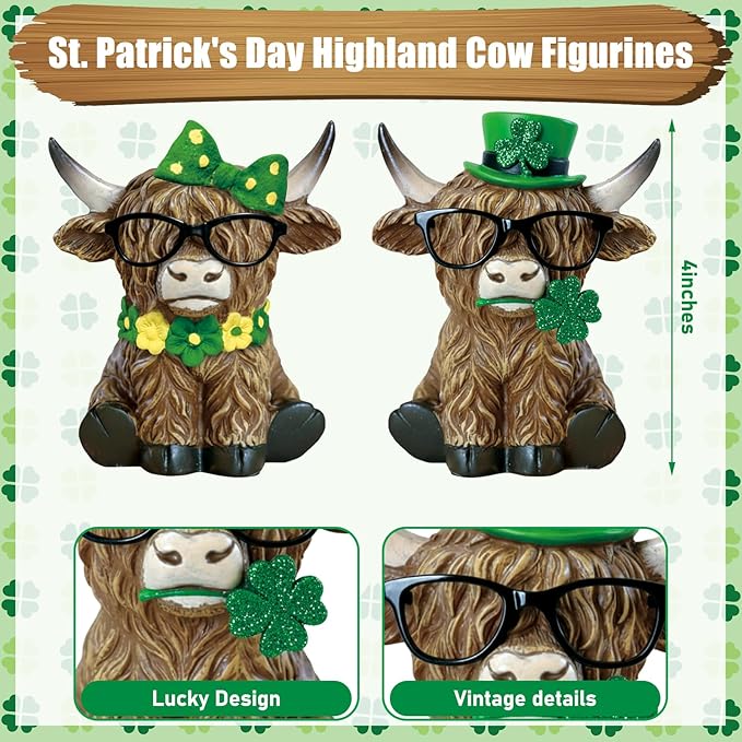 Simgoing 2 Pack St Patrick's Day Highland Cow Figurines Irish Shamrocks Gnomes Resin Leprechaun Green Highland Cow Statue Scottish Calf Lovers Gifts Table Decor for Home Office Garden Kitchen