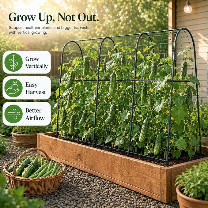 FOLLOOK Cucumber Trellis for Raised Garden Bed, Rustproof Metal Garden Arch Trellis for Climbing Plants Support Outdoor Fruit Grape Vine Vegetable Tomato Bean Pea Trellis, 63x48inch, Black