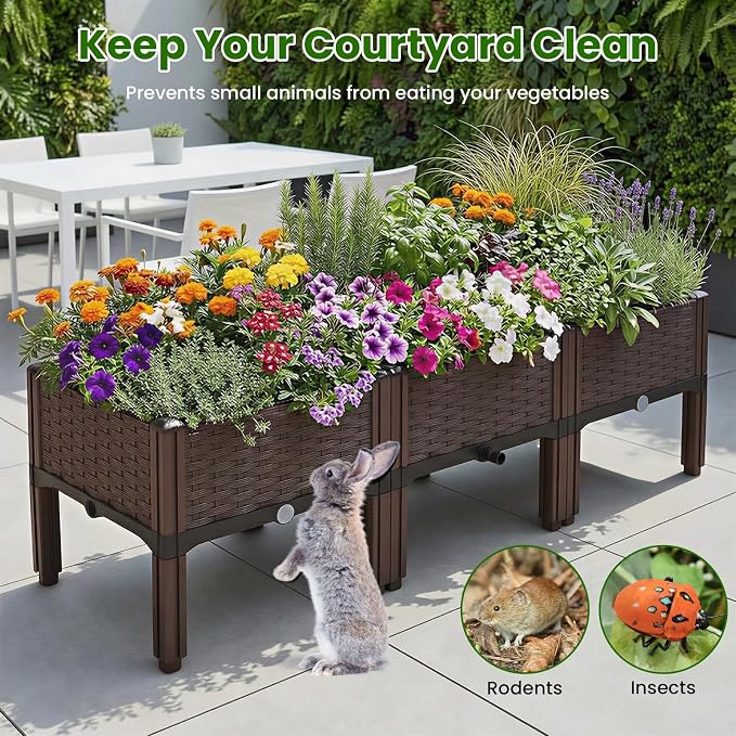 4Pcs Plastic Raised Garden Bed,62.4"×15.6"×14.4" Elevated Wicker Planter Box with Self-Watering System, Plants Garden Boxes with Legs for Growing Fresh Vegetables,Fruit,Flowers and Herbs