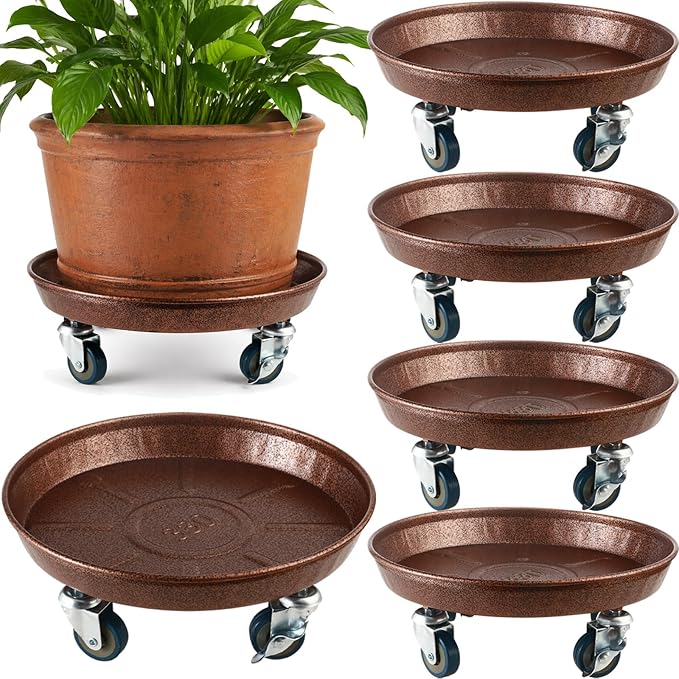 5 Packs Metal Plant Caddy with Wheels 13" Rolling Plant Stand Heavy Duty Plant Dolly with Casters for Indoor and Outdoor Large Planter Casters Potted Plant Mover,Copper