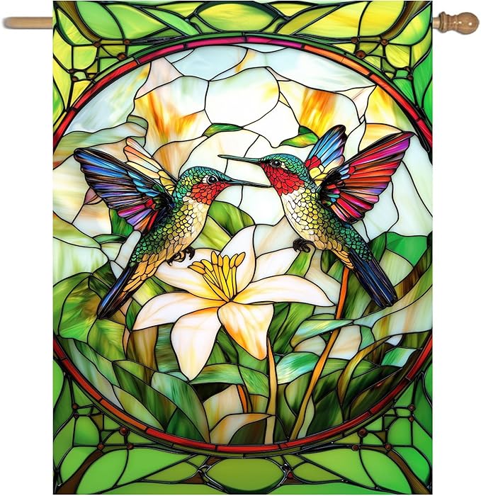 Stained Glass Hummingbird House Flag 28x40 Double Sided Large Decorative Flags For Outside Spring Floral Garden Flag Summer Flower Yard Flags for Lawn Porch Patio Decor