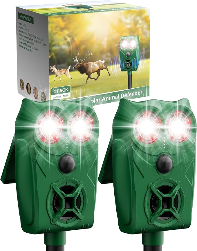 Solar Animal Repellent Ultrasonic Deer Deterrent - 2 Pack Waterproof Adjustable Large Solar Panel with Power Indicator, Motion Sensor & Outdoor Animal Repeller to Deter Cat, Coyote, Raccoon