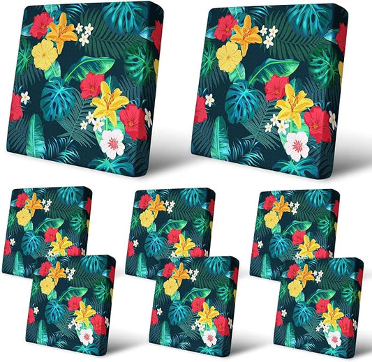 pickyNproud 8Pcs Patio Cushion Covers Stretch Outdoor Couch Cushions Slipcovers Replacement Washable Furniture Protector with Elastic Bottom Sofa Chair Seat Cover, Floral Leaves