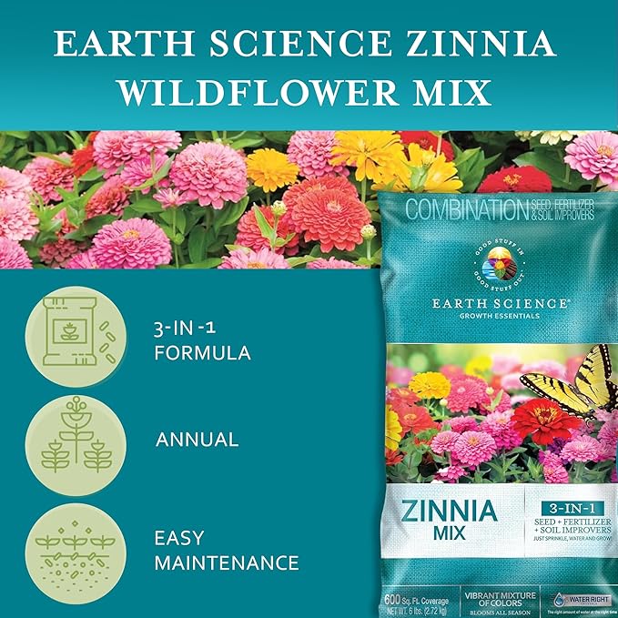 Earth Science Zinnia Wildflower Mix for 2026—6lb – 3-in-1 Seeds Plant Food & Soil Conditioner – Non-GMO Vibrant Flowers for Gardens Low Maintenance Attracts Pollinators – Covers 600 Sq Ft Eco-Friendly