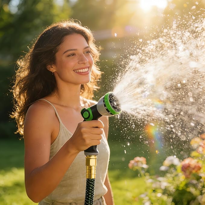 HBlife 25ft Garden Hose, Non Expandable Garden Hose with 10 Function Sprayer Nozzle, Flexible Lightweight Water Hose for Yard, Lawn, Car Wash and Outdoor