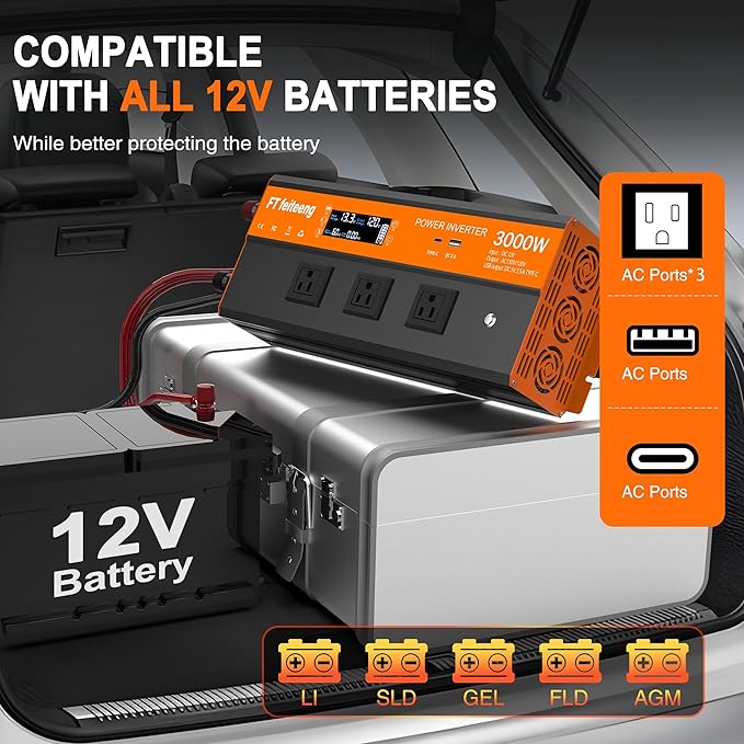 3000W Power Inverter, 12v DC to 120v Ac Inverter, Power Inverters for Vehicles with LCD Display, 3AC Sockets and USB-C & QC 3.0 Port with Remote Control for Camping Home Truck Rv Solar System