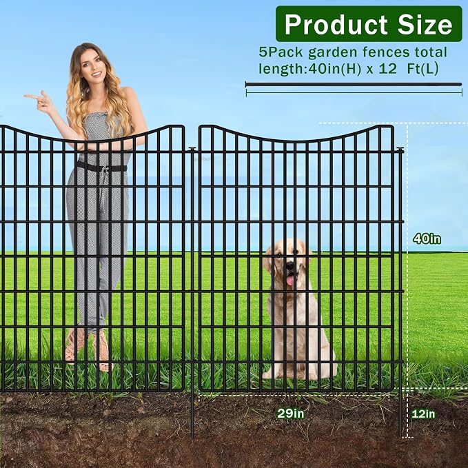 5 Panels No Dig Outdoor Garden Fence for Yard, 40 in(H) X 12 ft(L) Animal Barrier Fence with Lock, Tall Metal Garden Fence Panels, Temporary Fence Outdoor for Yard, Dog, Rabbits