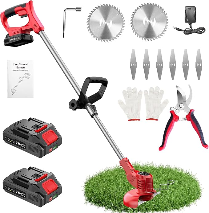 21V Weed Wacker Cordless String Trimmer with 2 Batteries 2.0Ah, 2 Types Metal Blades Powered Grass Trimmer, Pruning Shears, Adjustable Pole Weed Trimmer for Garden and Yard Lawn, Red