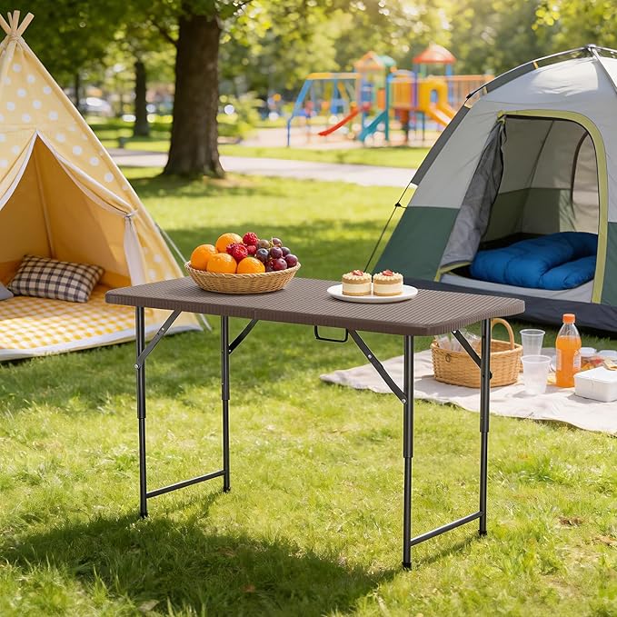 BestOffice 4 FT Picnic Table Folding Table Camping Plastic Table Fold Up Table Lock for Party Event, Brown Ratten
