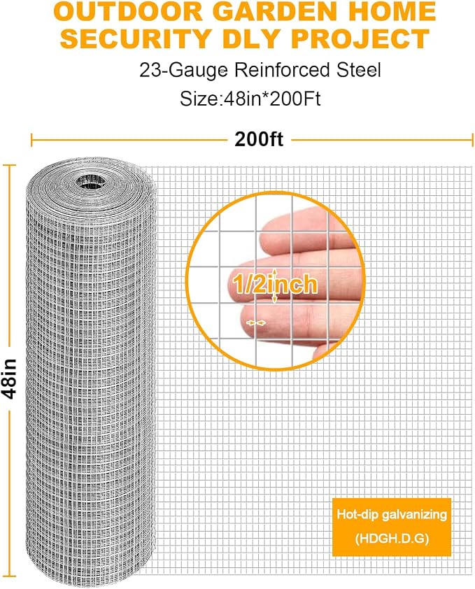 48in x 200ft Hardware Cloth 1/2 inch Hot-Dip Galvanized Welded Chicken Wire Fencing - Heavy Duty 23 Gauge Wire Mesh for Garden, Chicken Coop, Rabbit Cage, Rodent,Poultry Enclosures,Predator Protection