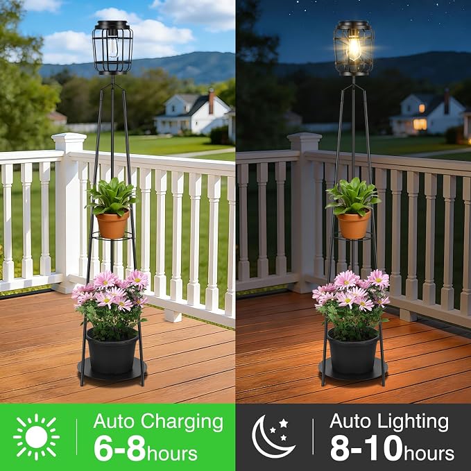 TOWPONICS 2-Pack 52.4'' Solar Lights Outdoor with Plant Stands, Solar Floor Lamp with Planter & LED Edison Bulbs, Patio Lights Outdoor Waterproof Garden Decor, Yard Porch Balcony Decoration