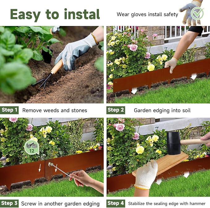 Corten Steel Landscape-40 LX 8" H Metal Garden Edging 20FT Total Rusted Lawn Edging 6 Pcs-No-Dig Hammer Heavy Duty Steel Edging-Bendable Border Strips for Lawn Yard Courtyard Pathway-6 Clips