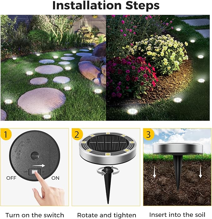 24 Pack Solar Ground Lights Outdoor, 8 LED Mini Flat Solar Disk Lights, IP65 Waterproof Anti-Rust Disc Light, Landscape Lighting for Garden Pathway Yard Walkway Driveway Lawn,Cool White