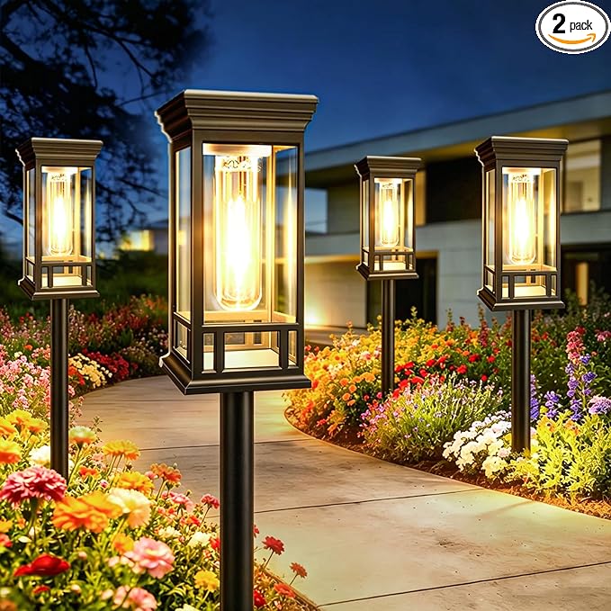 2 Pack Solar Pathway Lights Outdoor, Taller Bright Solar Path Lights Waterproof, Auto On/Off Solar Powered Garden Lights for Outside Landscape Path Yard Walkway Lawn Driveway Patio Lighting Decor