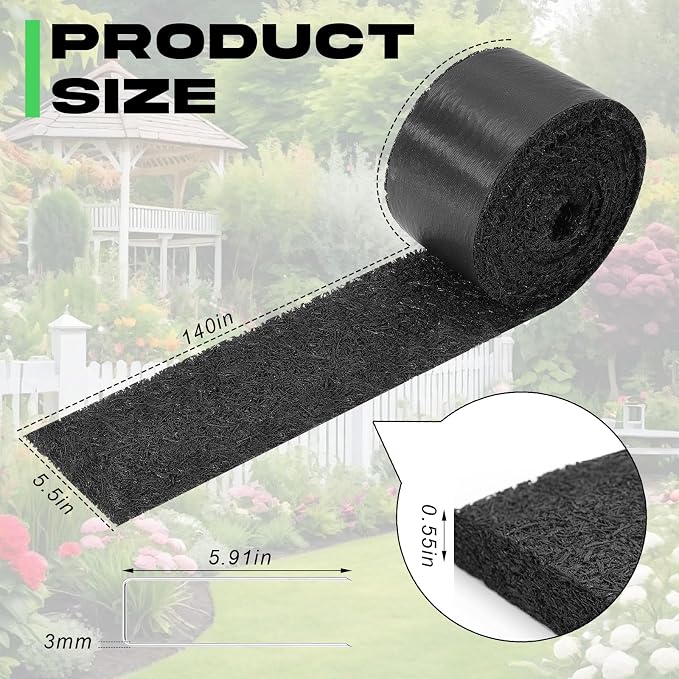 Pushglossy 140" x 5.5" Black Rubber Mulch Roll for Landscaping, Recycled Rubber Mulch Mat, Permanent Cuttable Weed Barrier Garden Edging Border for Plants Vegetables and Flowers