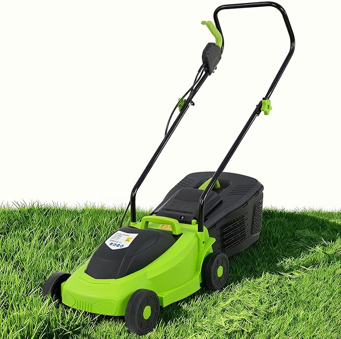 ‌FDW 13-Inch Electric Corded Push Lawn Mower - 12 Amp Motor, 3-Position Height Adjustment, Dethatcher Function & Grass Collection Box