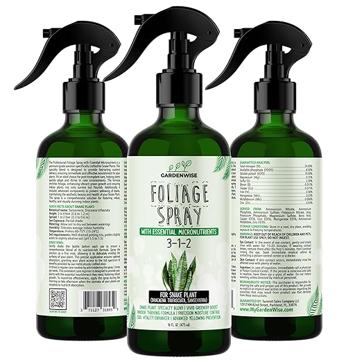 GARDENWISE Professional Foliar Plant Spray with Essential Micronutrients 3-1-2 for Snake Plants, Dracaena trifasciata, Sansevieria - Liquid Fertilizer - Plant Food - Plant Shine - Plant Care (16 OZ)