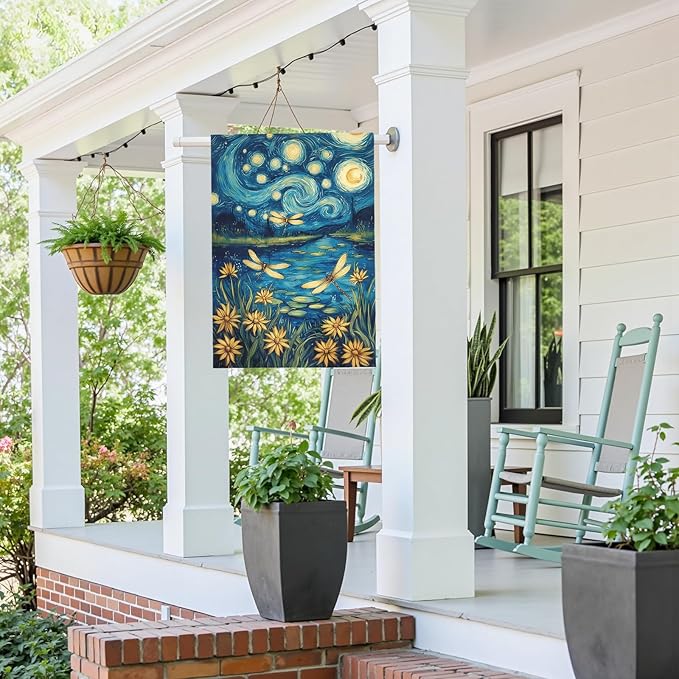 Summer Daisy House Flag Starry Night Style Floral Garden Flags with Dragonflies Spring Lake Landscape Artistic Impressionist Flower Banner Outdoor for Lawn Patio Porch Seasonal Home 28 x 40 Inch