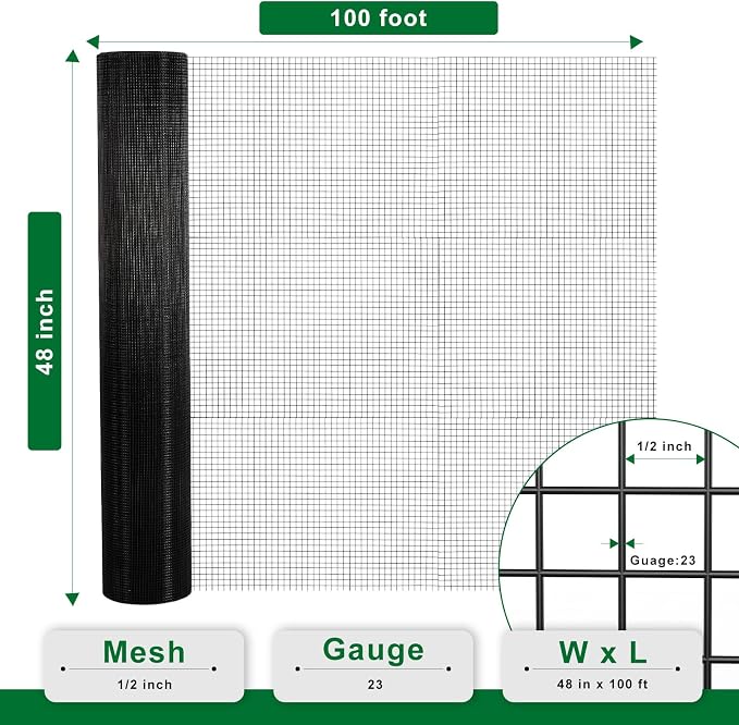 Hardware Cloth 1/2 inch 48 x 100 ft Black 19 Gauge Vinyl Coated Welded Wire Mesh Roll PVC - Coated Welded Wire Fence Perfect for use as Chicken Wire Fencing mesh