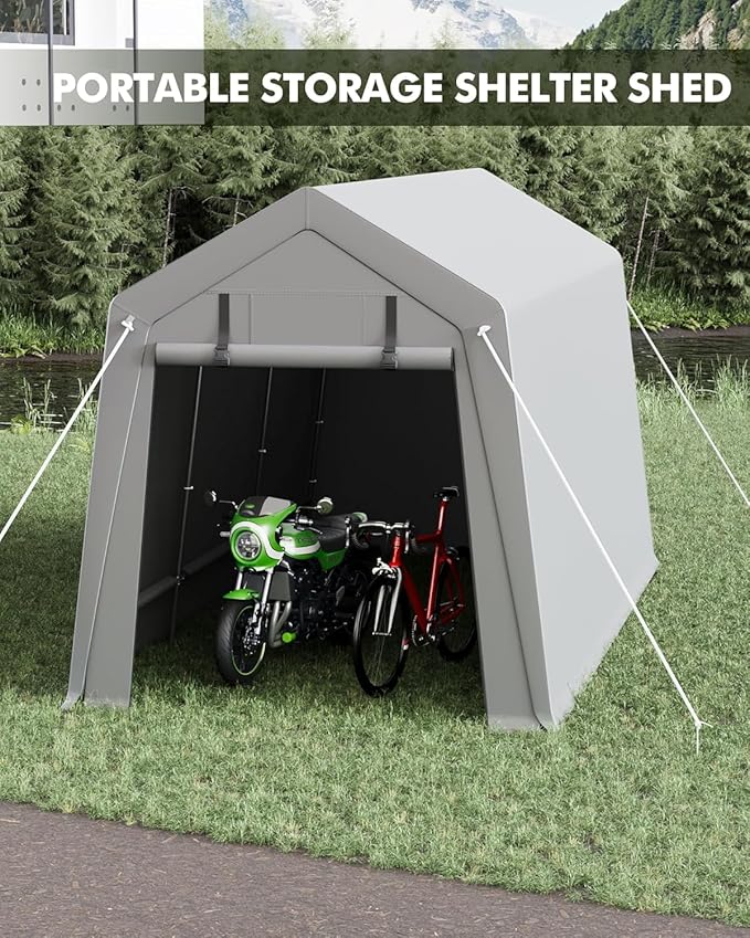 7x12 FT Portable All-Weather Storage Shelter – Heavy-Duty Garage with Zipper Roll-Up Door, Secures Motorcycles, Bikes, Firewood & Tools (Anchoring Kit Included), Grey