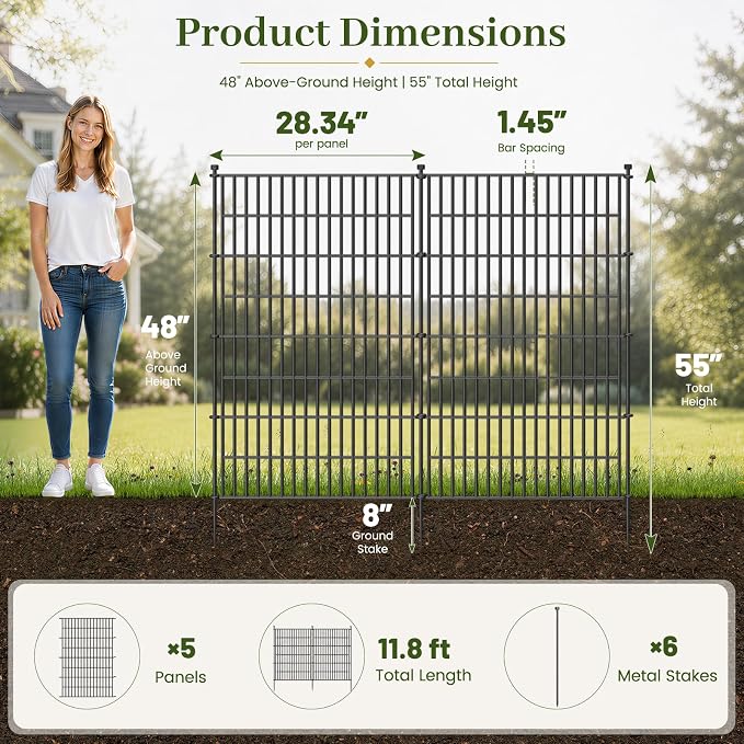 5 Panels No Dig Decorative Outdoor Garden Fence for Yard, 48 in(H) X 11.8 ft(L) Animal Barrier Fencing Rustproof Metal Wire Panel Border for Dog, Rabbits, and Patio Temporary Ground Stakes