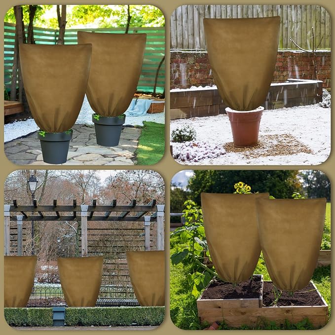 6 Pcs Winter Plant Covers Freeze Protection 48" x 72" 2.2oz Large Tree Wrap for Winter with Drawstring and Zipper Frost Blankets for Plants Frost Cloth Outdoor Cold (Brown)