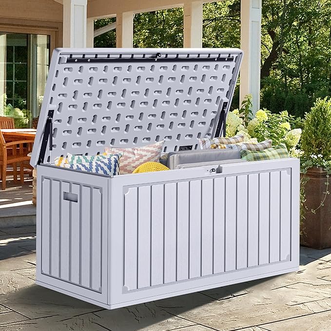 YITAHOME 90 Gallon Large Deck Box, Double-Wall Resin Outdoor Storage Boxes, Deck Storage for Patio Furniture, Cushions, Pool Float, Garden Tools, Lockable & Waterproof (White)