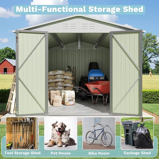 Greesum 8x12FT Outdoor Storage Shed, Utility Tool Shed with Sloping Roof, Metal Storaged Garden Shed with Door & Lock for Patio Storage, Gray