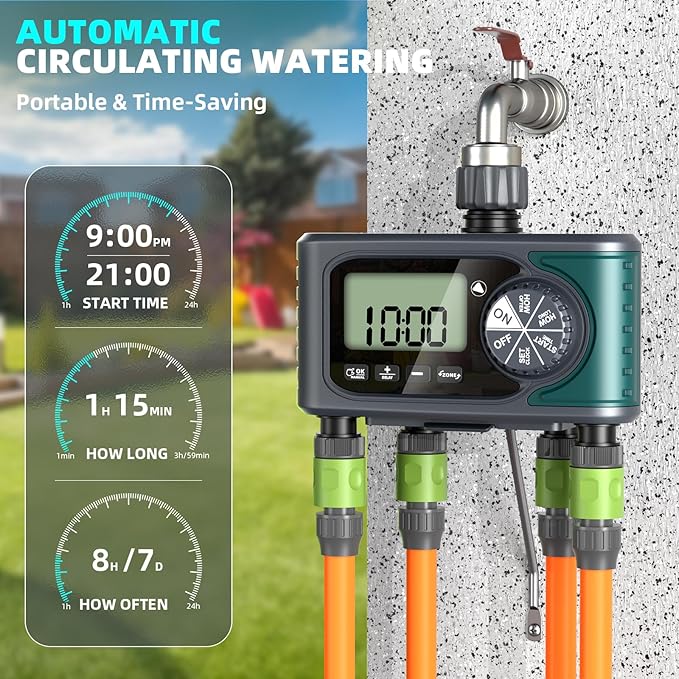 Sprinkler Timer for Outdoor Hose Faucet 4 Zone,Programmable Hose Timer with Rain Delay/Manual/Automatic Watering System,Water Timers for Garden Hose,Digital Drip Irrigation for Yard Lawn Outdoor