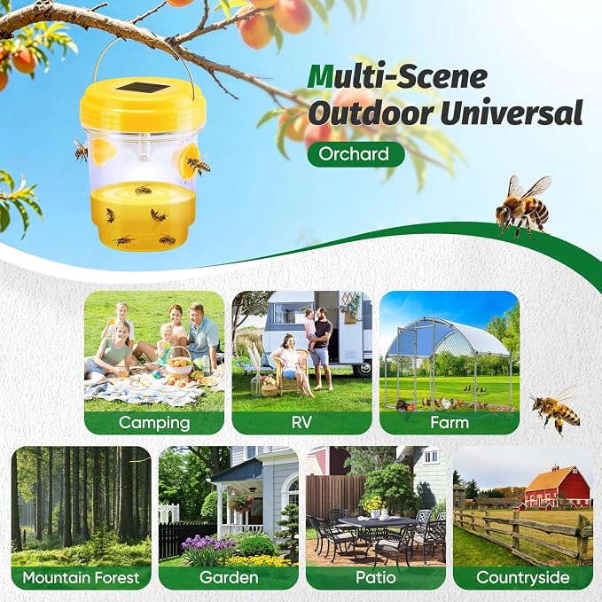 Wasp Traps Outdoor Hanging, Solar Wasp Trap for Hunting Wasps, Bees, Hornets, Insects, Carpenter Bee Traps for Outside, Reusable Wasp Traps, Bee Killer and Wasp Catcher for Outside 4 Pack