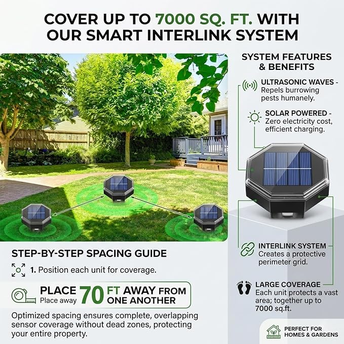 8 Pack Mole Repellent Solar Powered,Vole Repellent Outdoor for Yard,Waterproof Ultrasonic Gopher Deterrent Stakes for Mole,Vole,Chipmunk,Groundhog,Armadillo Repeller for Garden Lawns (Black)