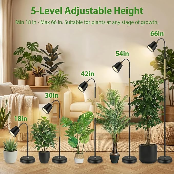 Floor Lamp Grow Lights for Indoor Plants, Adjustable Height Tall Standing Plant Light with Remote & Timer, 360° Gooseneck, Full Spectrum Dimmable, Weighted Base