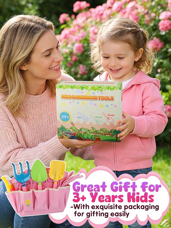 Kids Gardening Tool Set - Garden Tools for Kids with Shovel Trowel Rake Apron Gloves Watering Can and Tote Bag, Outdoor Toys Great Gifts for 3 4 5 6 7 8+ Years Old Girls (Downward Mermaid Tail)